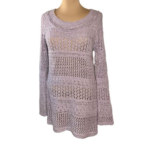 BCBG MaxAzria Sz XL Sweater Dress Crochet Knit Long Sleeve Boho Lavender Lilac - Picture 1 of 13